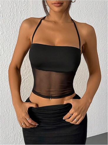 SOLY HUX Women's Mesh Halter Top Sleeveless Tie Backless Sheer Y2k Rave Party Crop Tops in Saudi Arabia