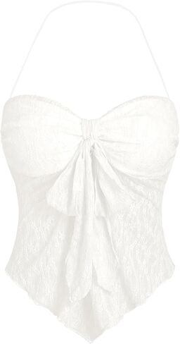 SHENHE Women's Lace Halter Top Bow Knot Front Backless Asymmetrical Y2k Going Out Coquette Tank in Saudi Arabia