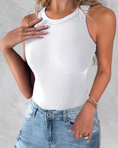 ​​Women Ribbed Knit O-Neck Tank Slim Fit Sleeveless Skinny Top Basic Shirt Casual Streetwear Stretchy Daily Workout Vacation in Saudi Arabia