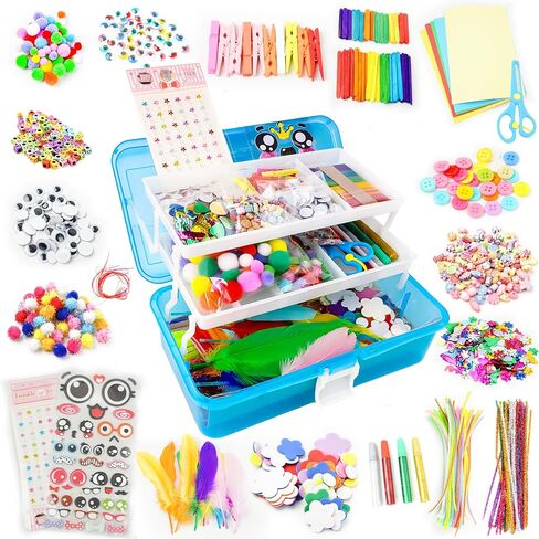 SMILESSKIDDO Arts Craft Supplies for Kids - 1000+ PCS Toddler DIY Craft Art Supply Set, Portable 3 Layered Folding Storage Box School Craft Projects - Gifts for Girls Ages 4-12 in Kuwait