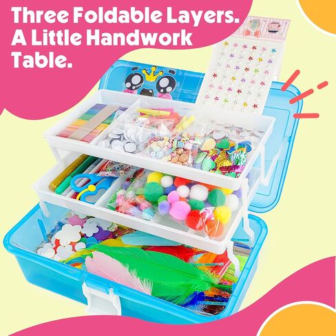 SMILESSKIDDO Arts Craft Supplies for Kids - 1000+ PCS Toddler DIY Craft Art Supply Set, Portable 3 Layered Folding Storage Box School Craft Projects - Gifts for Girls Ages 4-12 in Kuwait