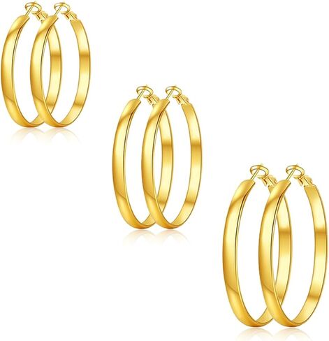 3 Pairs Thin Silver Gold Hoop Earrings for Women | 14K Gold Plated Large Round Hoop Earrings Set Hypoallergenic Earring 4mm Wide Lightweight Dangle Earrings Pack(30/40/50MM) in Saudi Arabia