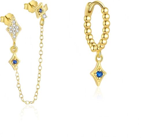 Rhinelife 925 Silver Earrings for Women - 18K Gold Plated Hypoallergenic Dainty Cartilage Earrings Huggie Hoop Stud with Dangle Chain Lightweight Jewelry Gift for Her in Saudi Arabia