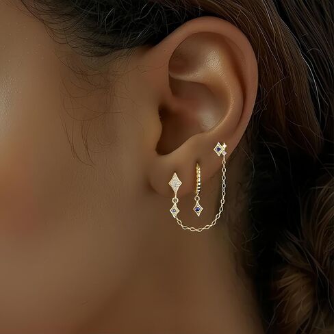 Rhinelife 925 Silver Earrings for Women - 18K Gold Plated Hypoallergenic Dainty Cartilage Earrings Huggie Hoop Stud with Dangle Chain Lightweight Jewelry Gift for Her in Saudi Arabia