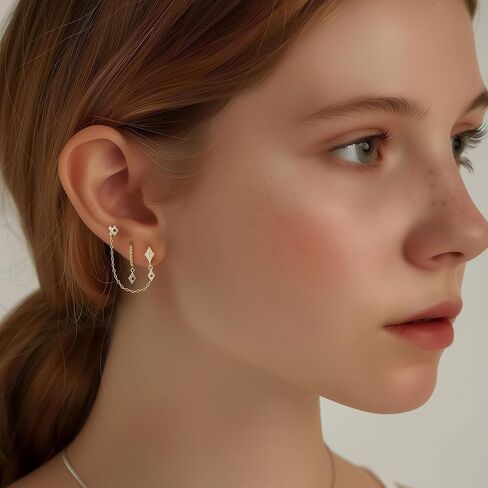 Rhinelife 925 Silver Earrings for Women - 18K Gold Plated Hypoallergenic Dainty Cartilage Earrings Huggie Hoop Stud with Dangle Chain Lightweight Jewelry Gift for Her in Saudi Arabia