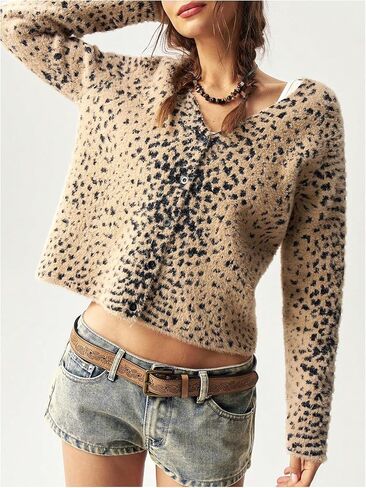 Women's Cheetah Cardigan Sweater Y2K Leopard Print Fuzzy Crop Cardigans Button Front Long Sleeve Outwear Knit Top in Saudi Arabia