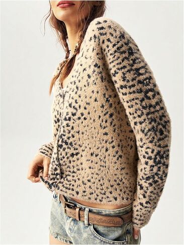 Women's Cheetah Cardigan Sweater Y2K Leopard Print Fuzzy Crop Cardigans Button Front Long Sleeve Outwear Knit Top in Saudi Arabia