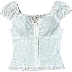 WDIRARA Women's Button Down Eyelet Embroidery Casual Blouse Puff Sleeve Sweetheart Neck Crop Tops in Saudi Arabia