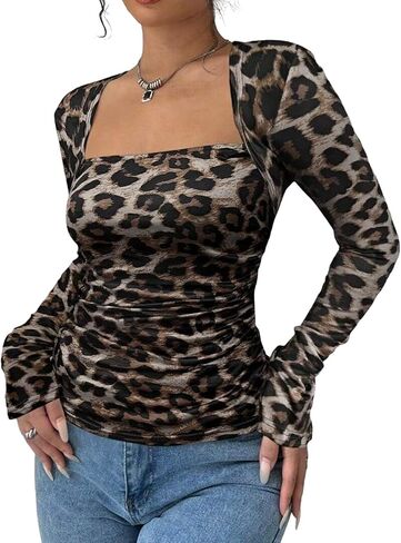 Women's Leopard Square Neck Long Sleeve Blouse Shirt Top in Saudi Arabia