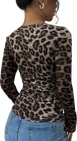 Women's Leopard Square Neck Long Sleeve Blouse Shirt Top in Saudi Arabia