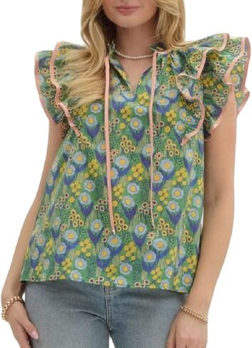 Women Floral Ruffle Short Sleeve Tops Flare Shoulder Boho Babydoll T Shirts Casual Flutter Sleeves Summer Blouse in Saudi Arabia