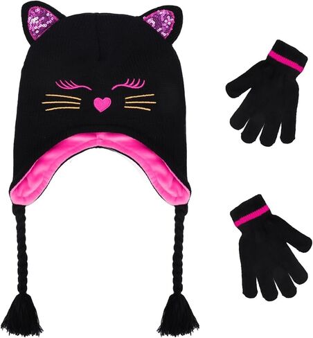 Girl Knit Cat Ear Beanie Hat and Glove Set Kids Winter Earflap with Braided Ski Skull Cap Mitten Set Age 3-7 in Kuwait