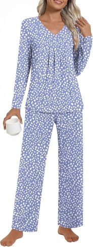 Anyhold Womens Fall Pajama Sets 2 Piece Long Sleeve Pjs, Ladies Sleepwear Pleated Outfits Lounge Set with Pockets in Saudi Arabia