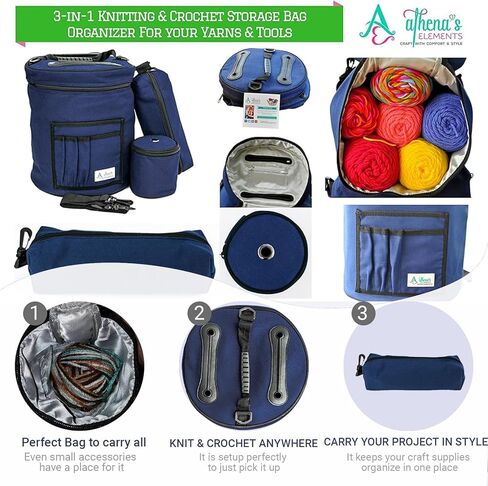 حقيبة الحياكة والكروشيه مع الملحقات - حمل تخزين الغزل المقاوم للماء وخالية من التشابك ، حامل لوازم الكروشيه و WIP Project مع جيب واضح - قوي وخفيف الوزن - مجموعة من 3 in Kuwait