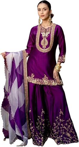 Women's Chinon Silk Sequence Embroidery Work Straight Kurti With Sharara Suit and Dupatta Set in Saudi Arabia