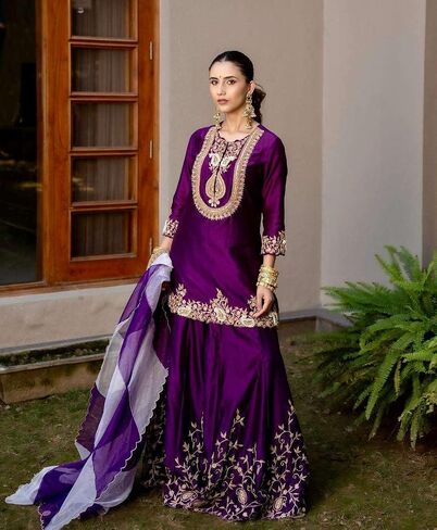 Women's Chinon Silk Sequence Embroidery Work Straight Kurti With Sharara Suit and Dupatta Set in Saudi Arabia