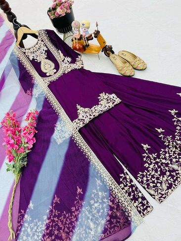 Women's Chinon Silk Sequence Embroidery Work Straight Kurti With Sharara Suit and Dupatta Set in Saudi Arabia