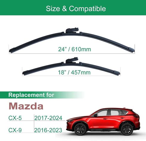 24" + 18" Windshield Wiper Blades Replacement for Mazda CX-5 (2016-2024) & CX-9 (2016-2023) - OEM Quality, Top Lock Design (Pack of 2) in Saudi Arabia