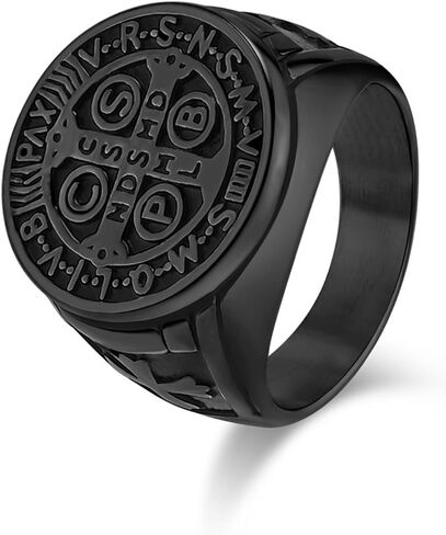 Black Exorcism Ring St. Benedict Cross Titanium Steel Ring for Men & Women Gothic Religious Jewelry with CSPB Symbol Antique Finish Size 6-15 in Saudi Arabia