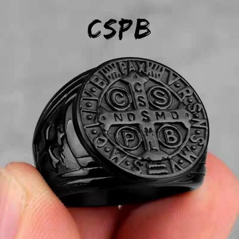 Black Exorcism Ring St. Benedict Cross Titanium Steel Ring for Men & Women Gothic Religious Jewelry with CSPB Symbol Antique Finish Size 6-15 in Saudi Arabia