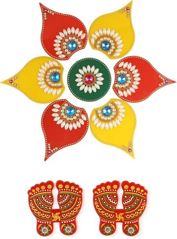 Acrylic Diwali Rangoli Indian 7 Pieces Green Deepak Rangoli Floor Decorations Table Decoration Studded Stones Sequins Traditional Festive Home Door Décor 8 inch in Saudi Arabia
