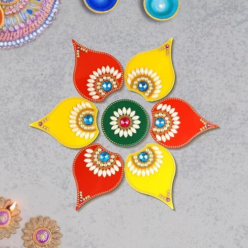 Acrylic Diwali Rangoli Indian 7 Pieces Green Deepak Rangoli Floor Decorations Table Decoration Studded Stones Sequins Traditional Festive Home Door Décor 8 inch in Saudi Arabia