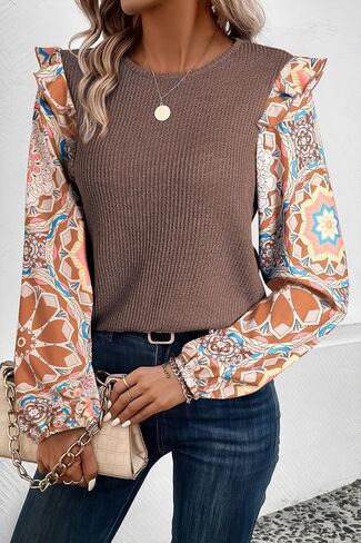 ​Women's Long Sleeve Blouse, Ruffled Floral Sleeve Waffle Knit Shirt​ in Saudi Arabia