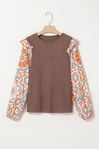 ​Women's Long Sleeve Blouse, Ruffled Floral Sleeve Waffle Knit Shirt​ in Saudi Arabia