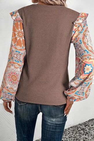 ​Women's Long Sleeve Blouse, Ruffled Floral Sleeve Waffle Knit Shirt​ in Saudi Arabia