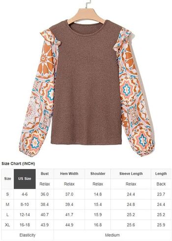 ​Women's Long Sleeve Blouse, Ruffled Floral Sleeve Waffle Knit Shirt​ in Saudi Arabia