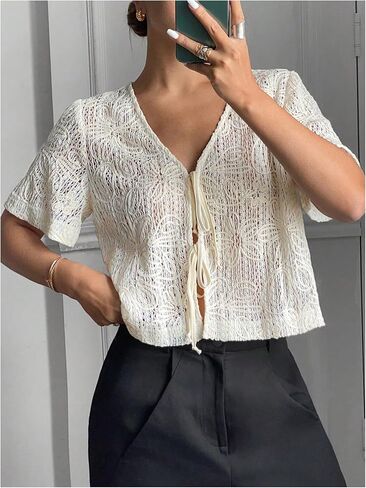 GORGLITTER Women's Tie Front Mesh Summer Tops Floral Embroidered Short Sleeve V Neck Beach Blouses Shirt 2025 in Saudi Arabia