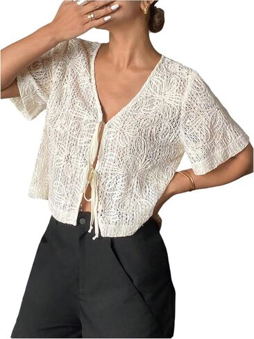 GORGLITTER Women's Tie Front Mesh Summer Tops Floral Embroidered Short Sleeve V Neck Beach Blouses Shirt 2025 in Saudi Arabia