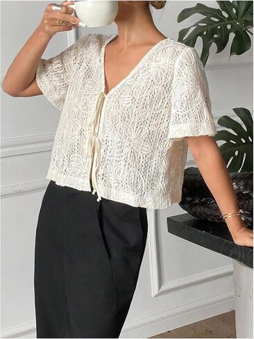 GORGLITTER Women's Tie Front Mesh Summer Tops Floral Embroidered Short Sleeve V Neck Beach Blouses Shirt 2025 in Saudi Arabia
