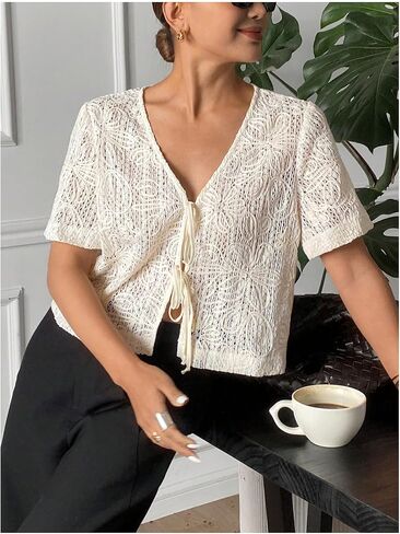 GORGLITTER Women's Tie Front Mesh Summer Tops Floral Embroidered Short Sleeve V Neck Beach Blouses Shirt 2025 in Saudi Arabia