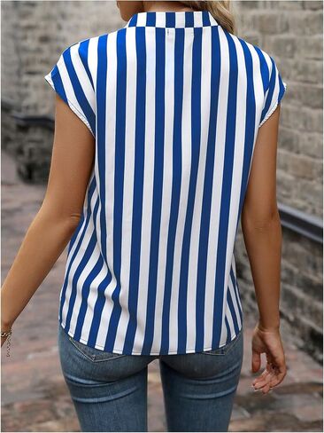 Women's Striped Notched V Neck Blouse Business Casual Cap Sleeve Going Out Tops in Saudi Arabia