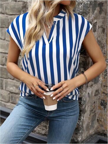 Women's Striped Notched V Neck Blouse Business Casual Cap Sleeve Going Out Tops in Saudi Arabia