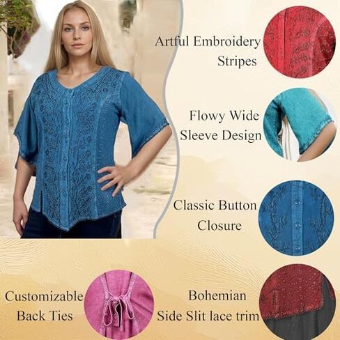 Agan Traders 2025 Summer Medieval Vintage Short Sleeve Embroidered Blouses - Button Down Comfy Summer Tops for Women in Saudi Arabia
