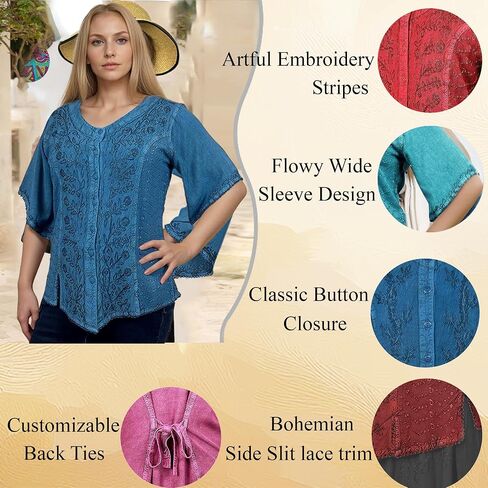 Agan Traders 2025 Summer Medieval Vintage Short Sleeve Embroidered Blouses - Button Down Comfy Summer Tops for Women in Saudi Arabia