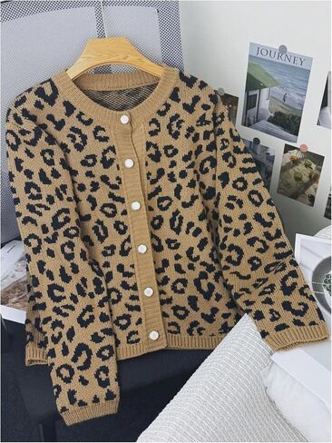 SweatyRocks Women's Leopard Print Cardigan Sweaters Casual Knitted Button Up Trendy Fall Outerwear in Saudi Arabia