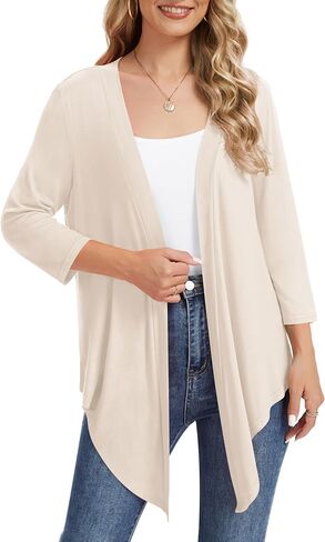 QUEZHU Women's Curved Hem 3/4 Sleeve Cardigan Casual Open Front Lightweight Cardigans in Kuwait