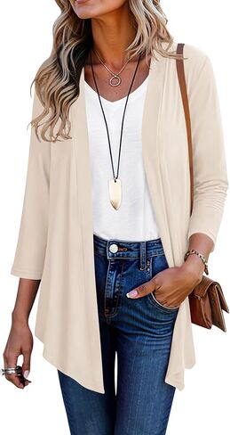 QUEZHU Women's Curved Hem 3/4 Sleeve Cardigan Casual Open Front Lightweight Cardigans in Kuwait
