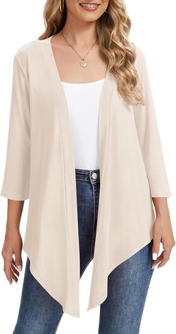QUEZHU Women's Curved Hem 3/4 Sleeve Cardigan Casual Open Front Lightweight Cardigans in Kuwait