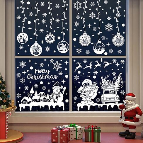 351 PCS Snowflake Christmas Decorations-9 Sheets Christmas Window Stickers for Glass,Pink Santa Claus Stickers Decals Decor, Winter Snowflakes Holiday Party Home Kitchen Decorations in Kuwait