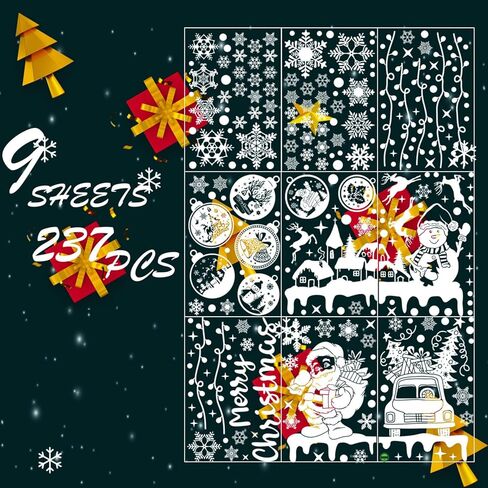 351 PCS Snowflake Christmas Decorations-9 Sheets Christmas Window Stickers for Glass,Pink Santa Claus Stickers Decals Decor, Winter Snowflakes Holiday Party Home Kitchen Decorations in Kuwait