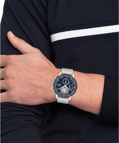 Tommy Hilfiger Men's Multifunction Quartz Watch – 44mm Stainless Steel Case, Double-Layer Dial, Link Bracelet, Skeleton-Inspired Design - Gift for Him in Saudi Arabia