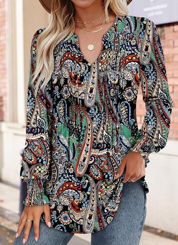 Long Sleeve Shirts for Women V Neck Fall Tops Dressy Casual Blouses Trendy Pleated Tunic Tops for Leggings in Saudi Arabia
