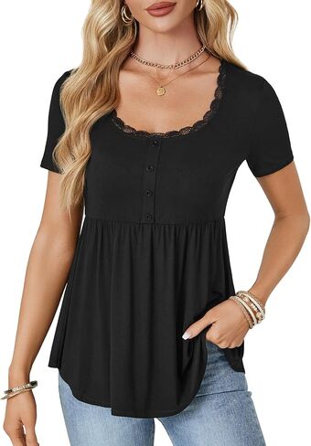 Rooscier Women's Scoop Neck Short Sleeve Tunic Flowy Ruffle Hem Casual Blouse Peplum Top in Saudi Arabia