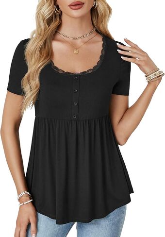 Rooscier Women's Scoop Neck Short Sleeve Tunic Flowy Ruffle Hem Casual Blouse Peplum Top in Saudi Arabia