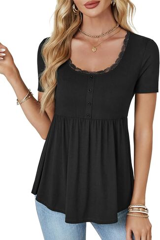 Rooscier Women's Scoop Neck Short Sleeve Tunic Flowy Ruffle Hem Casual Blouse Peplum Top in Saudi Arabia