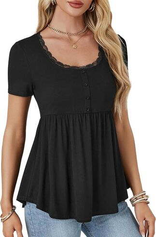 Rooscier Women's Scoop Neck Short Sleeve Tunic Flowy Ruffle Hem Casual Blouse Peplum Top in Saudi Arabia